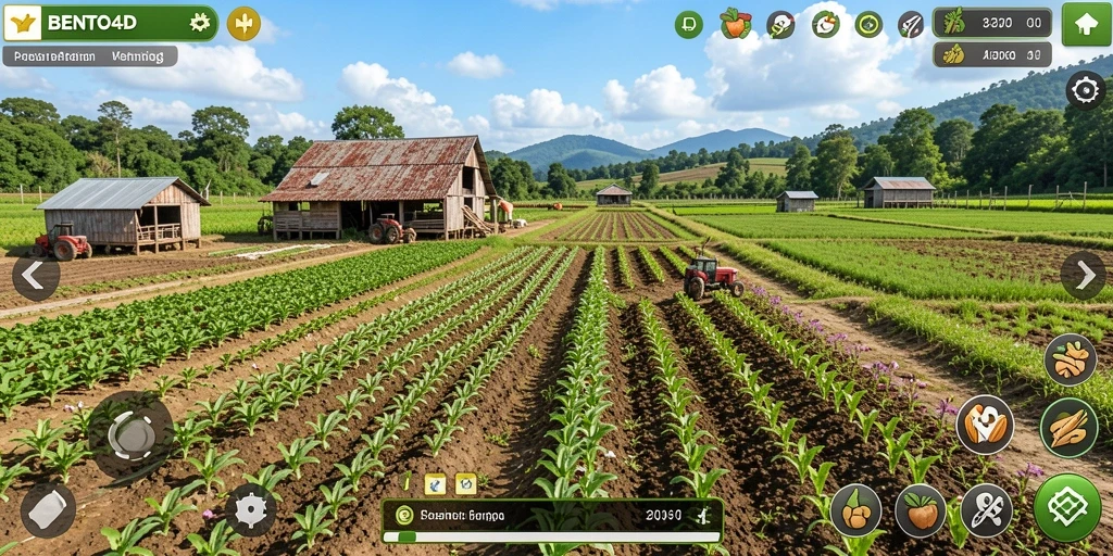 Tampilan gameplay BENTO4D dengan lahan pertanian yang subur dan hewan-hewan menggemaskan.