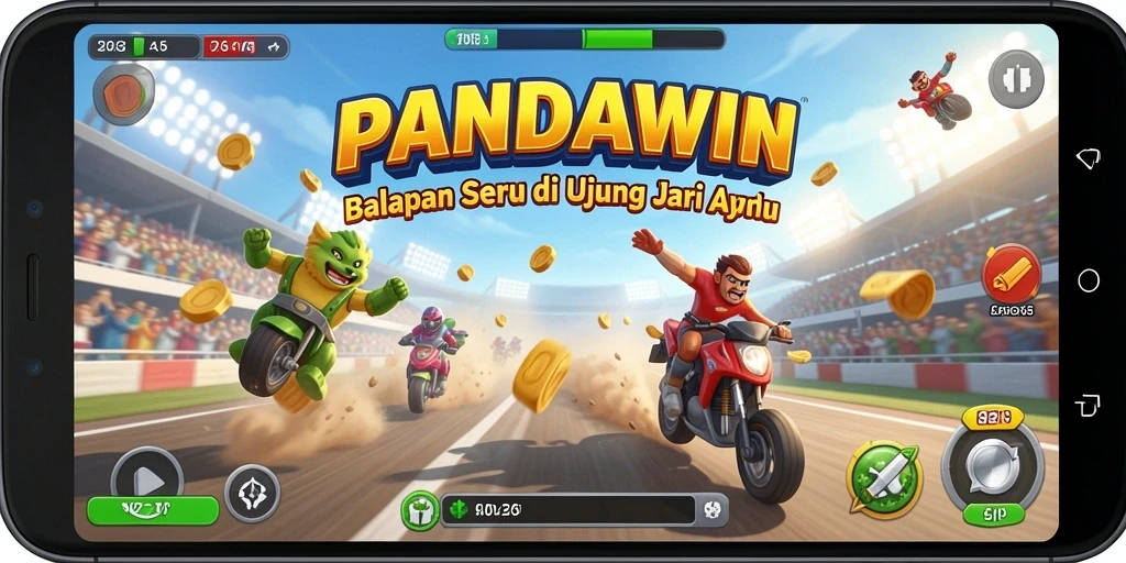 Screenshot utama PANDAWIN menampilkan aksi balapan yang mendebarkan.