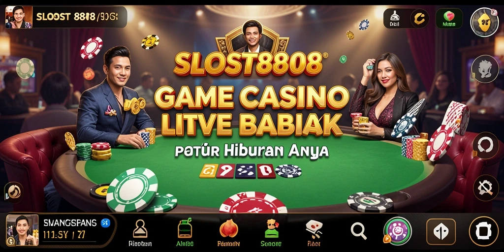 Screenshot gameplay SLOST8808 menampilkan dealer langsung dan suasana kasino yang seru.